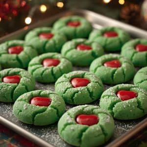 Close-up of soft green Grinch cookies with red heart decorations on a festive table