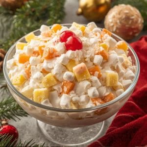 Bowl of creamy ambrosia salad with cherries, mandarin oranges, and coconut