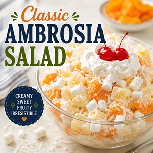 Looking for a quick and easy fruit salad? This old-fashioned Ambrosia Salad combines juicy fruit, mini marshmallows, coconut, and a creamy dressing for a sweet side dish everyone will love. Perfect for your summer recipes, BBQ side dishes, no-bake desserts, cookout recipes, and family favorites boards.