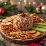 Bacon ranch cheeseball surrounded by sparkling holiday décor