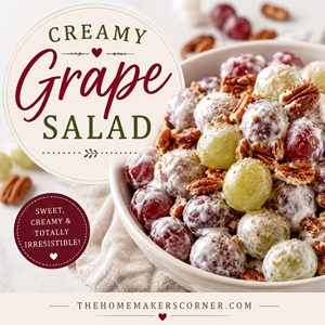 This creamy grape salad is the perfect side dish for picnics, barbecues, and summer food! Made with juicy red and green grapes, a rich cream cheese dressing, crunchy pecans, and a sweet topping, it's an easy crowd-pleasing recipe for potlucks, cookouts, and holiday gatherings.