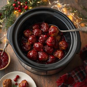 Crockpot of cranberry meatballs garnished with fresh herbs