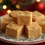 Squares of creamy peanut butter fudge on a holiday-themed plate with festive decorations