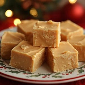 Squares of creamy peanut butter fudge on a holiday-themed plate with festive decorations