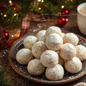 Snowball Christmas cookies on a tray with Christmas lights in the background