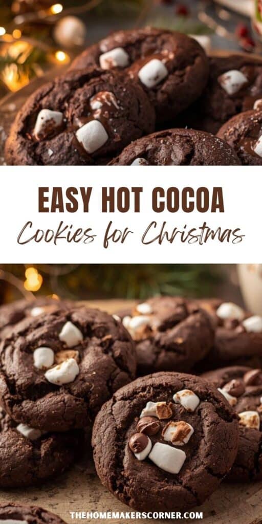 Stack of soft hot cocoa cookies with melted marshmallows and chocolate chips
