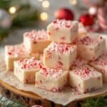 Candy cane fudge with red and white peppermint pieces on a festive plate