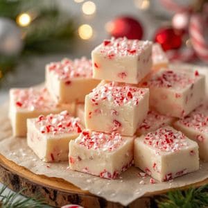 Candy cane fudge with red and white peppermint pieces on a festive plate
