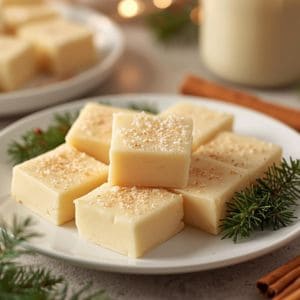 Quick eggnog fudge in a pan ready to be sliced