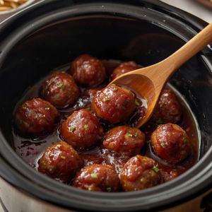 A slow cooker filled with meatballs coated in a shiny, dark purple grape jelly and chili sauce glaze.