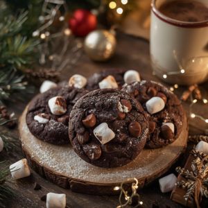 Warm hot cocoa cookies with marshmallows and chocolate chips on a festive plate
