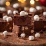 Chocolate hot cocoa fudge on a holiday-themed platter
