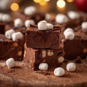 Chocolate hot cocoa fudge on a holiday-themed platter