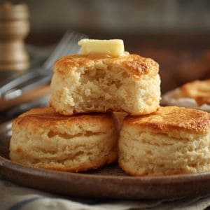 A stack of tall, flaky sourdough biscuits with visible buttery layers.
