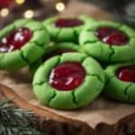 Close-up of freshly baked green Grinch Thumbprint Cookies with red jam