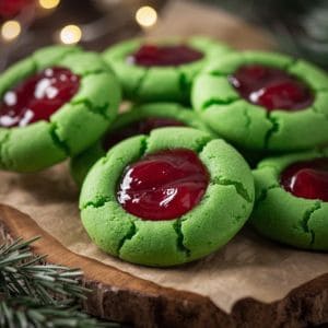 Close-up of freshly baked green Grinch Thumbprint Cookies with red jam