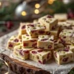 Homemade cranberry pistachio fudge in a holiday-themed dish