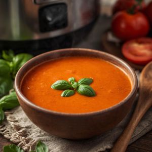 Creamy tomato basil soup in a bowl with fresh basil garnish