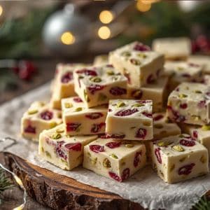 Homemade cranberry pistachio fudge in a holiday-themed dish