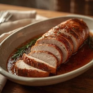 A family sitting around a dinner table enjoying various slow-cooked pork dishes served with sides.