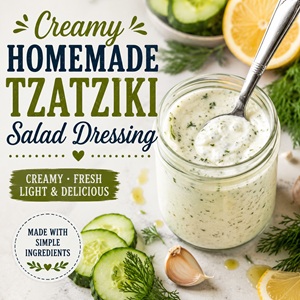 This creamy homemade tzatziki salad dressing is made with Greek yogurt, fresh cucumber, garlic, olive oil, and lemon juice for a cool, refreshing flavor. It's perfect for salads, grain bowls, wraps, and grilled chicken. Save it to your homemade salad dressing, Mediterranean recipes, healthy recipes, and Greek yogurt recipes boards.