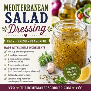 Skip the bottled dressing and make this fresh Mediterranean salad dressing at home! Made with olive oil, Dijon mustard, garlic, oregano, and red wine vinegar, it's perfect for green salads, pasta salads, grain bowls, and marinades. Save it for your homemade salad dressing, Mediterranean recipes, healthy eating, and from scratch cooking boards.
