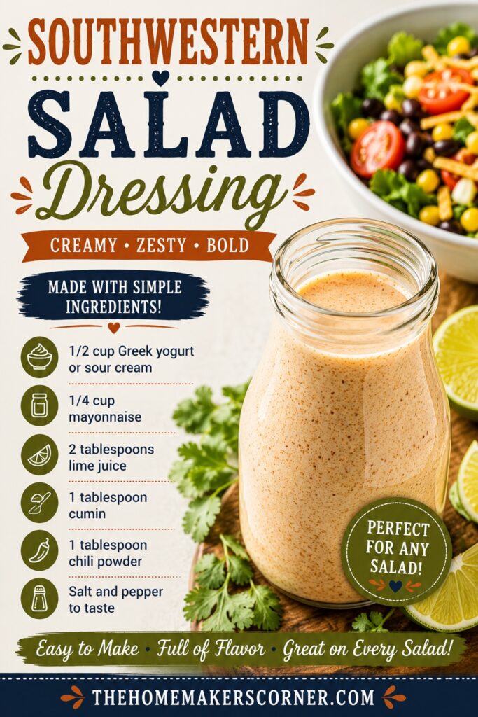 Looking for a bold, creamy dressing? This easy Southwestern salad dressing is full of smoky, zesty flavor and comes together with simple pantry ingredients. Delicious on taco salads, roasted vegetables, chicken wraps, and rice bowls. Great for your taco salad recipes, healthy lunch ideas, easy recipes, and from scratch cooking boards.