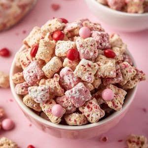 Assortment of Valentine’s Day snacks on a table with pink and red decorations