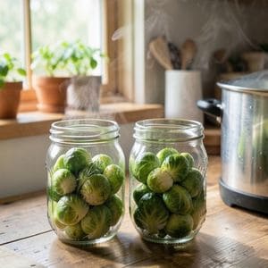 Brussel sprouts packed into jars for pickling