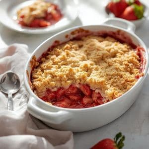 Mixed berry and rhubarb crisps on a spring-themed brunch table