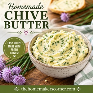 Learn how to make creamy homemade chive butter with just a few simple ingredients. This easy compound butter is delicious on bread, baked potatoes, grilled steak, vegetables, corn on the cob, and more. Save this recipe for your herb butter recipes, from scratch living, and simple homemade living boards.