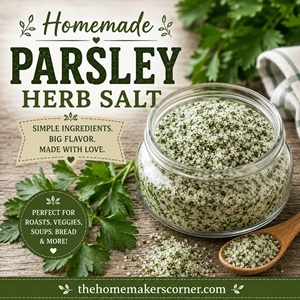 Preserve fresh parsley by making this simple homemade herb salt. It's an easy way to enjoy your garden harvest all year and add fresh flavor to your favorite recipes. A must-have seasoning for from scratch living, kitchen garden living, and every homemade pantry.