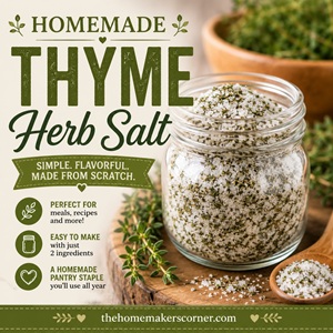 Preserve fresh thyme by making this simple homemade herb salt. It's an easy way to add fresh garden flavor to your favorite meals while embracing from scratch living and stocking a flavorful homemade pantry with homemade seasonings.
