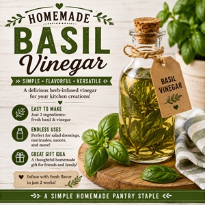 Learn how to infuse fresh basil into vinegar for a flavorful pantry staple you can use all year. This easy project is perfect for simple homemade living, building a well-stocked homemade pantry, and making thoughtful handmade gifts for gift giving.