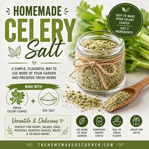 Learn how to make homemade celery salt with just two simple ingredients: dried celery leaves and sea salt. It's an easy homemade seasoning that adds fresh flavor to soups, salads, potatoes, roasted vegetables, eggs, meats, and more. A great way to use more of your garden harvest!