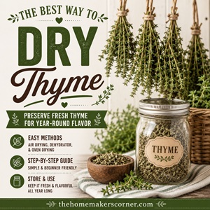 Learn how to dry fresh thyme using simple methods like air drying, a dehydrator, or your oven. This easy guide shows you how to preserve thyme for soups, roasted vegetables, seasoning blends, and everyday cooking all year long. Perfect for anyone who loves herb gardening, garden living, and from scratch living.