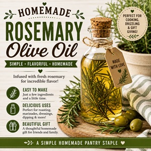 Turn fresh rosemary into a flavorful homemade oil that's perfect for cooking, drizzling, marinades, and dipping. This easy recipe also makes a beautiful homemade gift when packaged in a pretty bottle. A lovely idea for gift giving, simple homemade living, and homemade pantry projects.