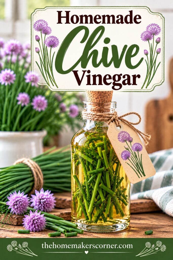 Have an abundance of fresh chives? Learn how to make Chive Vinegar and turn your garden harvest into a useful homemade pantry staple. It's simple to make and perfect for salads, sauces, and dressings. Add a bottle to your gifts from the kitchen or explore more homemade flavored vinegars like Basil, Rosemary, Tarragon, Thyme, Dill, and Raspberry.
