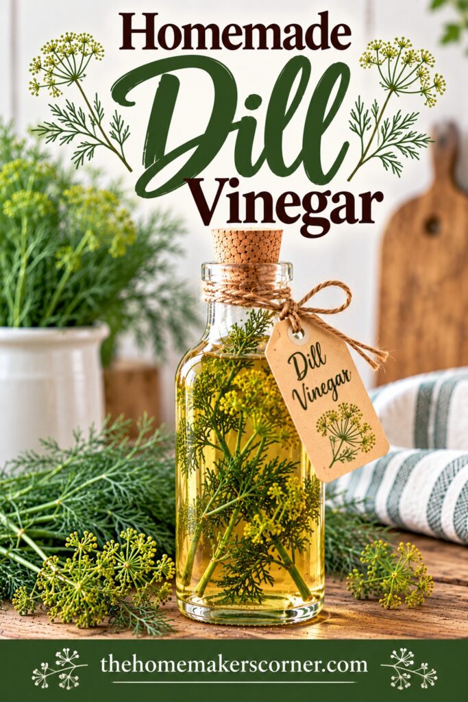 Turn fresh dill into a beautiful homemade Dill Vinegar! This simple infused vinegar is delicious in salads, potato dishes, sauces, and homemade dressings. Bottle it up for a pretty gift from the kitchen or add it to your pantry as part of your Kitchen Garden Living. Explore my other homemade vinegars: Lemon Rosemary, Basil, Rosemary, Tarragon, and Thyme.