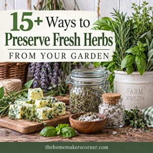 Looking for things to do with all those herbs growing in your garden? These easy herb preservation ideas include homemade herb salt, herb butter, frozen herbs, dried herbs, infused oils and vinegars, herbal tea, lavender, and more. A great resource for Kitchen Garden Living and preserving your garden harvest.