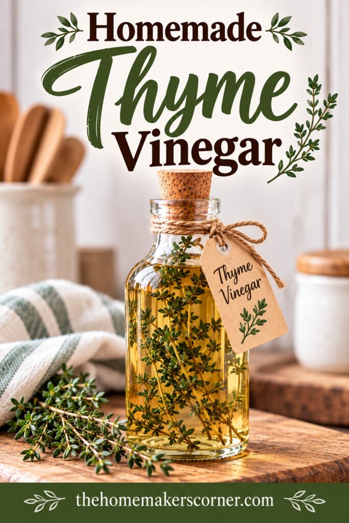 Have extra fresh thyme from your garden? Turn it into flavorful homemade Thyme Vinegar! This easy recipe is a wonderful gift from the kitchen and a practical way to preserve garden herbs. It's part of my collection of homemade flavored vinegars, including Lemon Rosemary, Basil, Rosemary, and Tarragon Vinegar.